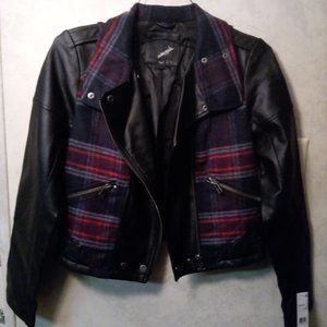 Collection B New York Faux Leather Plaid Wool Blend Biker Cropped Moto Jacket